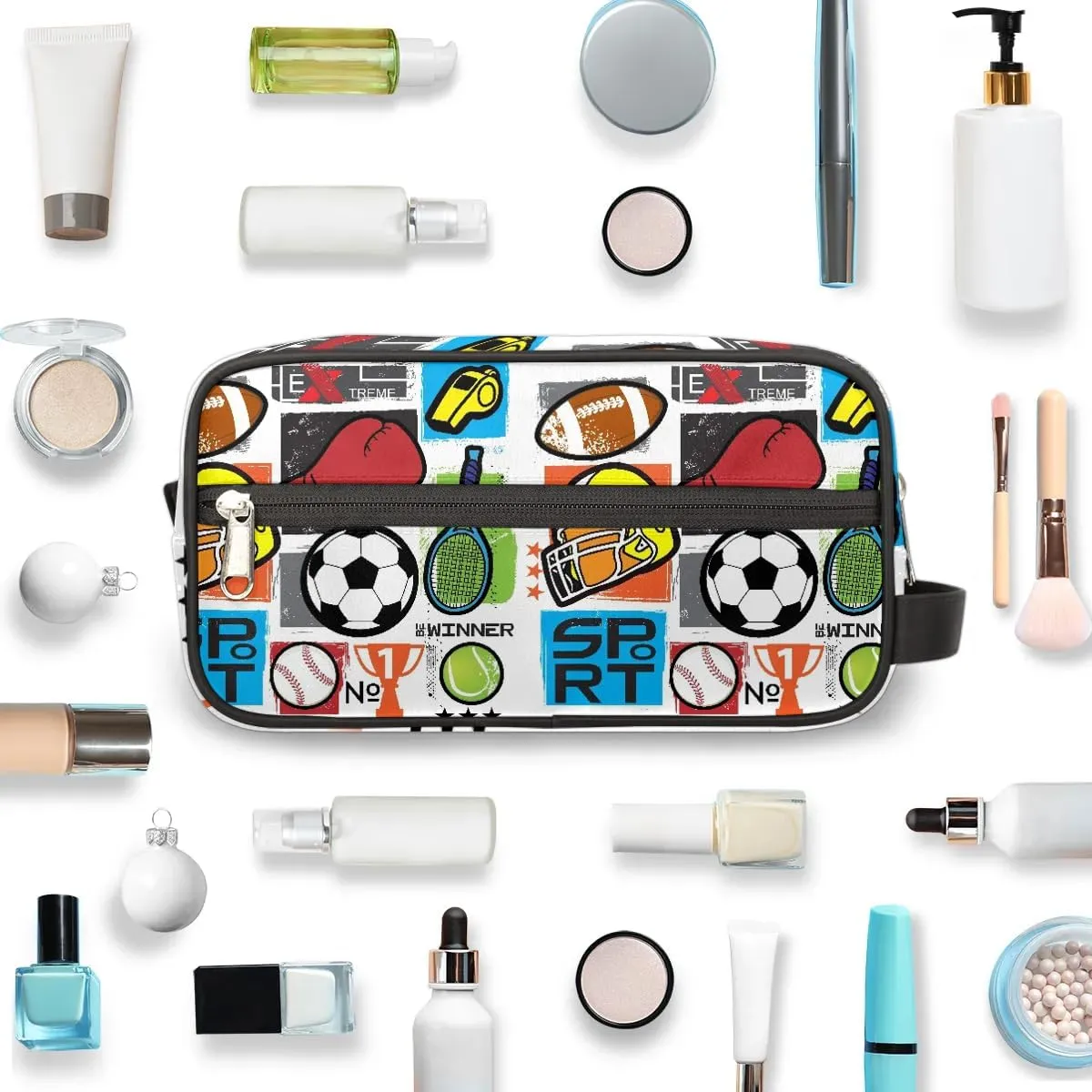 Kids Travel Toiletry Bag for Boys, Football Soccer Waterproof Hanging Dopp Kit Wash Bag with Large Capacity for Travel, Sports, Shower