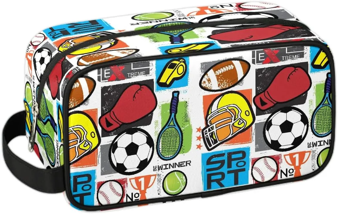 Kids Travel Toiletry Bag for Boys, Football Soccer Waterproof Hanging Dopp Kit Wash Bag with Large Capacity for Travel, Sports, Shower