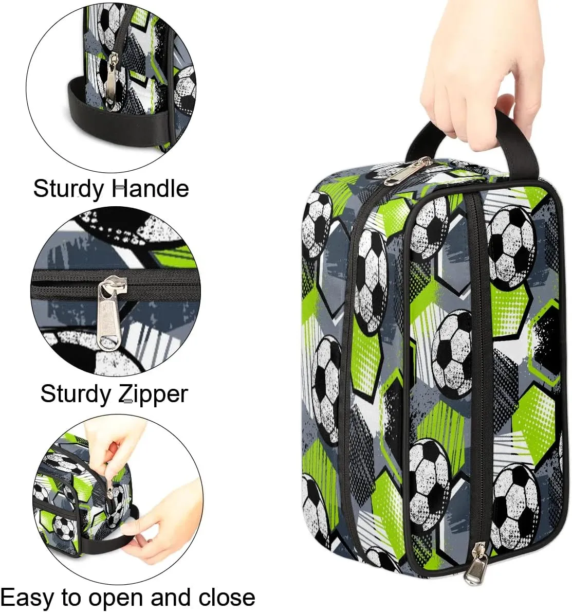 Kids Travel Toiletry Bag for Boys, Gray and Green Soccer Waterproof Hanging Dopp Kit Wash Bag with Large Capacity for Travel, Sports, Shower