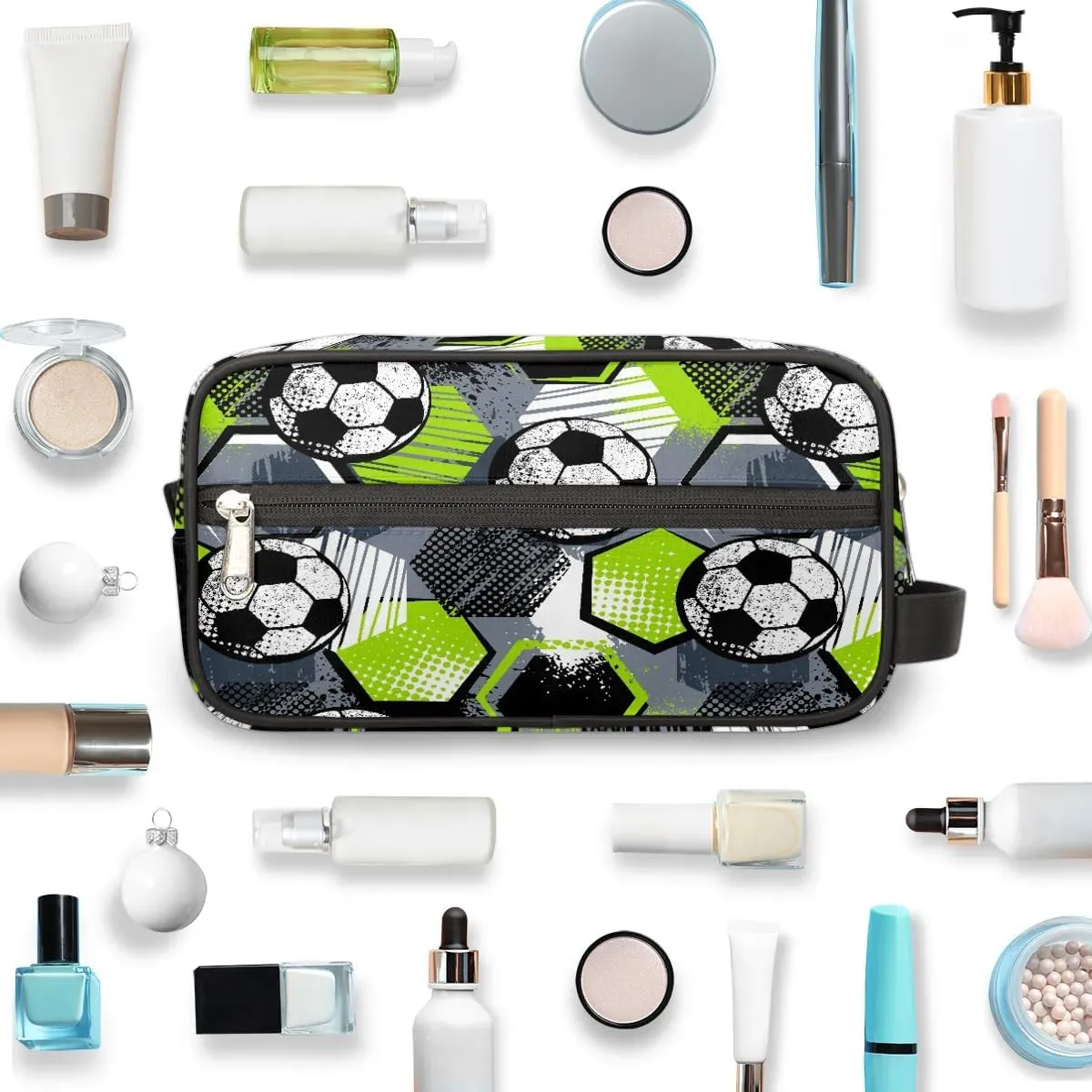 Kids Travel Toiletry Bag for Boys, Gray and Green Soccer Waterproof Hanging Dopp Kit Wash Bag with Large Capacity for Travel, Sports, Shower