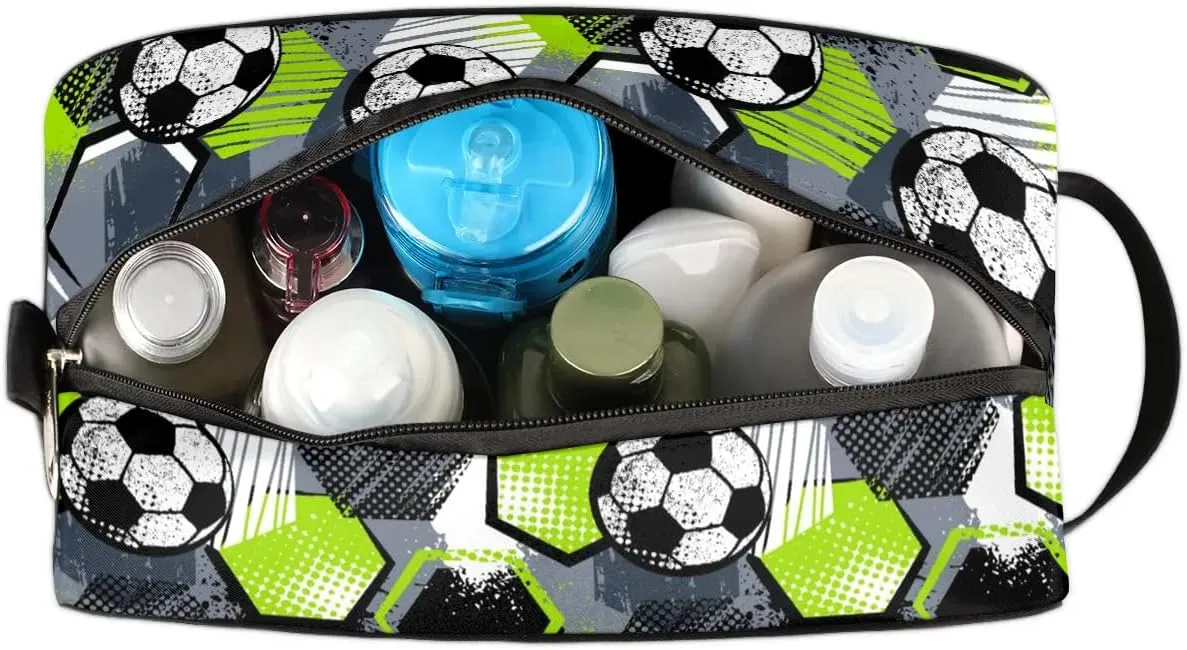 Kids Travel Toiletry Bag for Boys, Gray and Green Soccer Waterproof Hanging Dopp Kit Wash Bag with Large Capacity for Travel, Sports, Shower