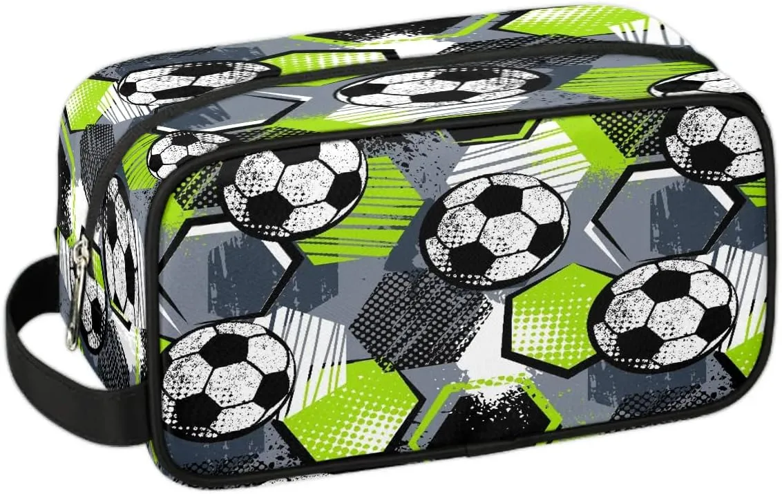 Kids Travel Toiletry Bag for Boys, Gray and Green Soccer Waterproof Hanging Dopp Kit Wash Bag with Large Capacity for Travel, Sports, Shower