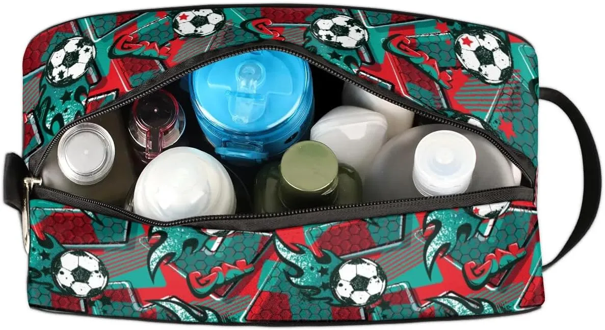 Kids Travel Toiletry Bag for Boys, Red and Green Soccer Waterproof Hanging Dopp Kit Wash Bag with Large Capacity for Travel, Sports, Shower