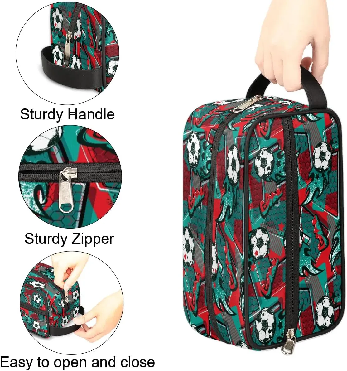 Kids Travel Toiletry Bag for Boys, Red and Green Soccer Waterproof Hanging Dopp Kit Wash Bag with Large Capacity for Travel, Sports, Shower