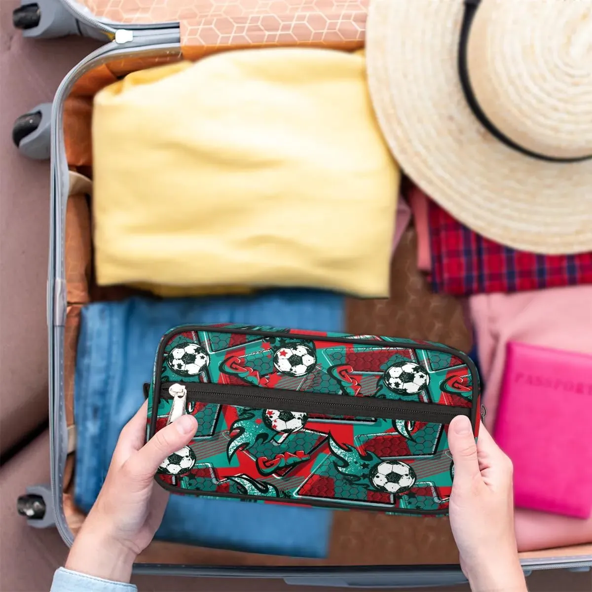 Kids Travel Toiletry Bag for Boys, Red and Green Soccer Waterproof Hanging Dopp Kit Wash Bag with Large Capacity for Travel, Sports, Shower