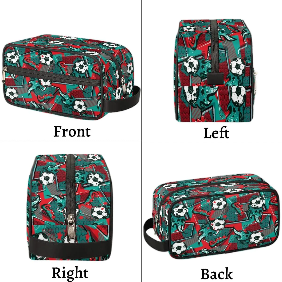Kids Travel Toiletry Bag for Boys, Red and Green Soccer Waterproof Hanging Dopp Kit Wash Bag with Large Capacity for Travel, Sports, Shower