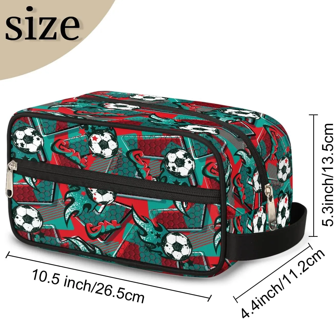 Kids Travel Toiletry Bag for Boys, Red and Green Soccer Waterproof Hanging Dopp Kit Wash Bag with Large Capacity for Travel, Sports, Shower