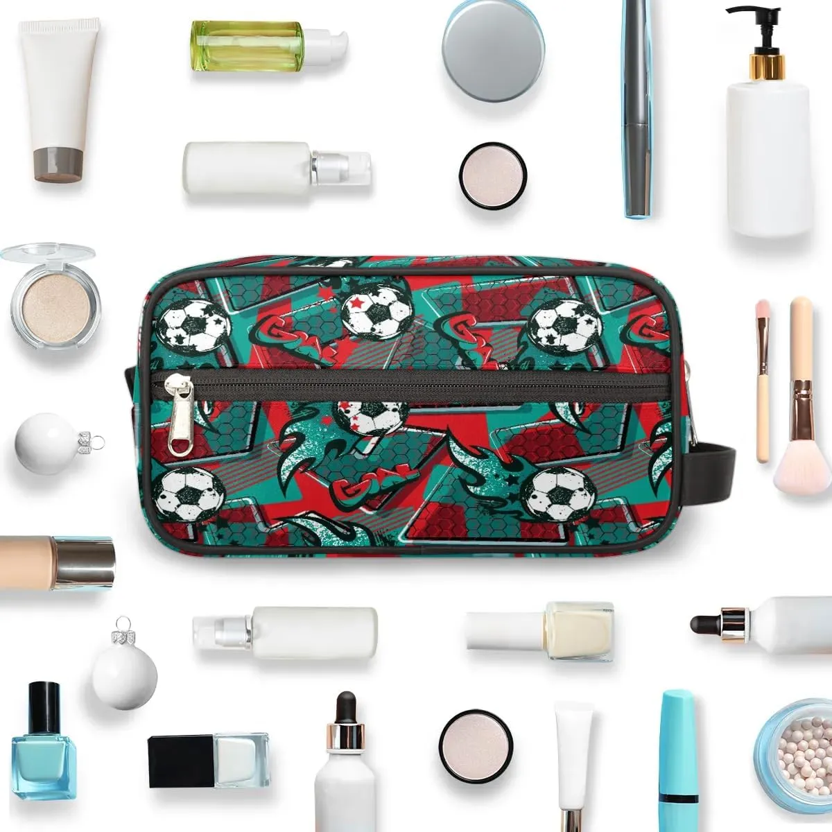 Kids Travel Toiletry Bag for Boys, Red and Green Soccer Waterproof Hanging Dopp Kit Wash Bag with Large Capacity for Travel, Sports, Shower