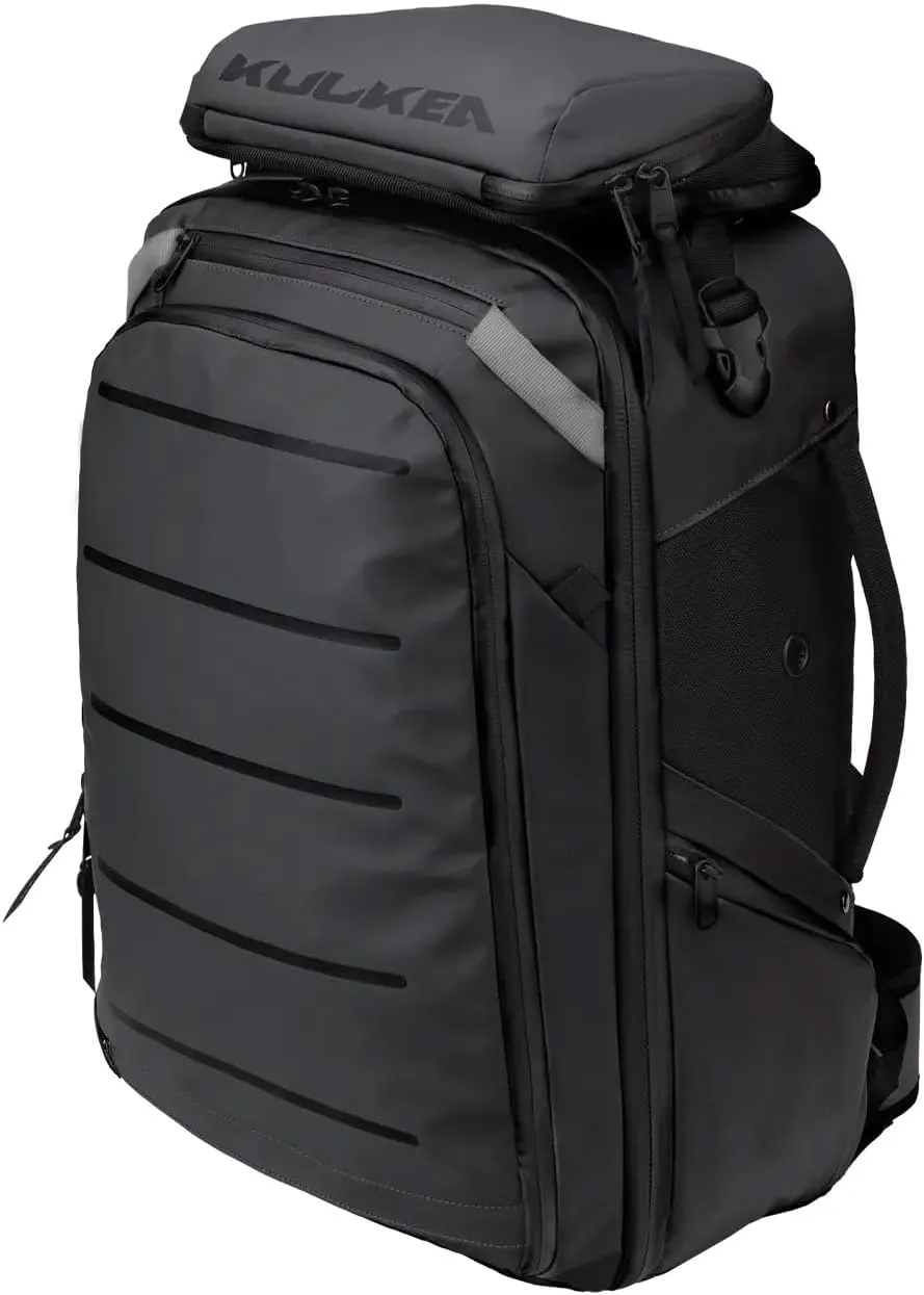 Kyd 40L Travel Backpack - Spacious Carry On Backpack with Detachable Travel Pouch, Magnetic Water Bottle Pocket, Passport and Laptop Pocket - Convertible Boot Bag for Snow Sports (Black/Silver)