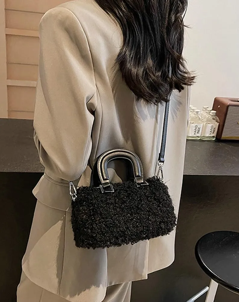 Lamb Wool Crossbody Handbags for Women Fuzzy Purses for Women Vintage Boston Bag Satchel Purse Shoulder Bag Hobo Bag