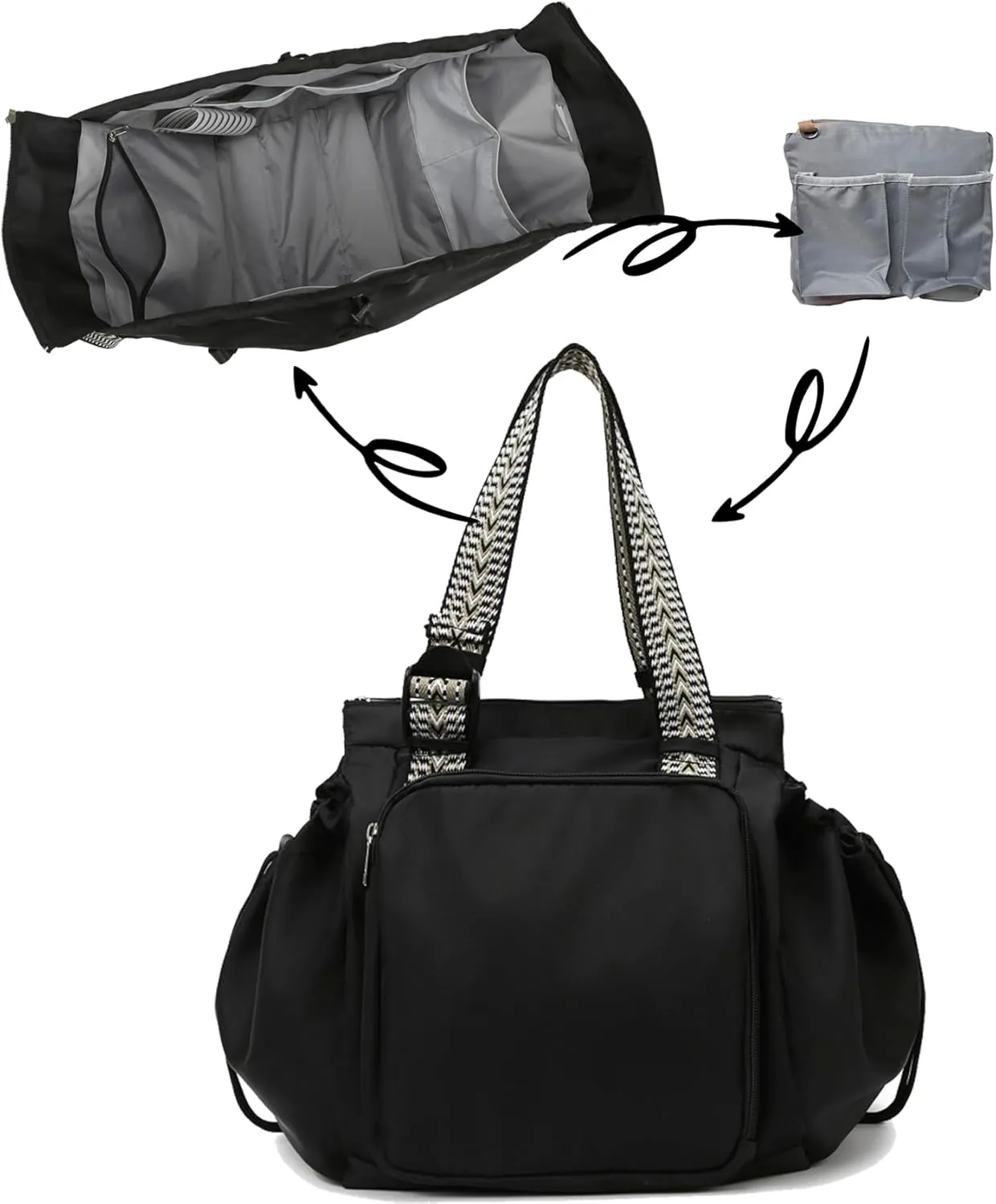 Large Capacity Versatile Travel Bag for Women,Transformable Nylon Cradle Bag,Foldable Waterproof Gym Pack,Expandable Duffel Pack (black)
