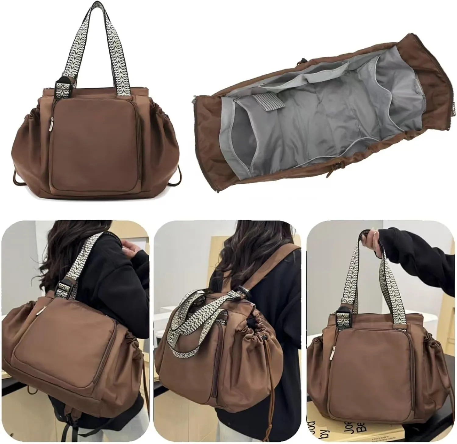Large Capacity Versatile Travel Bag for Women,Transformable Nylon Cradle Bag,Foldable Waterproof Gym Pack,Expandable Duffel Pack (brown)