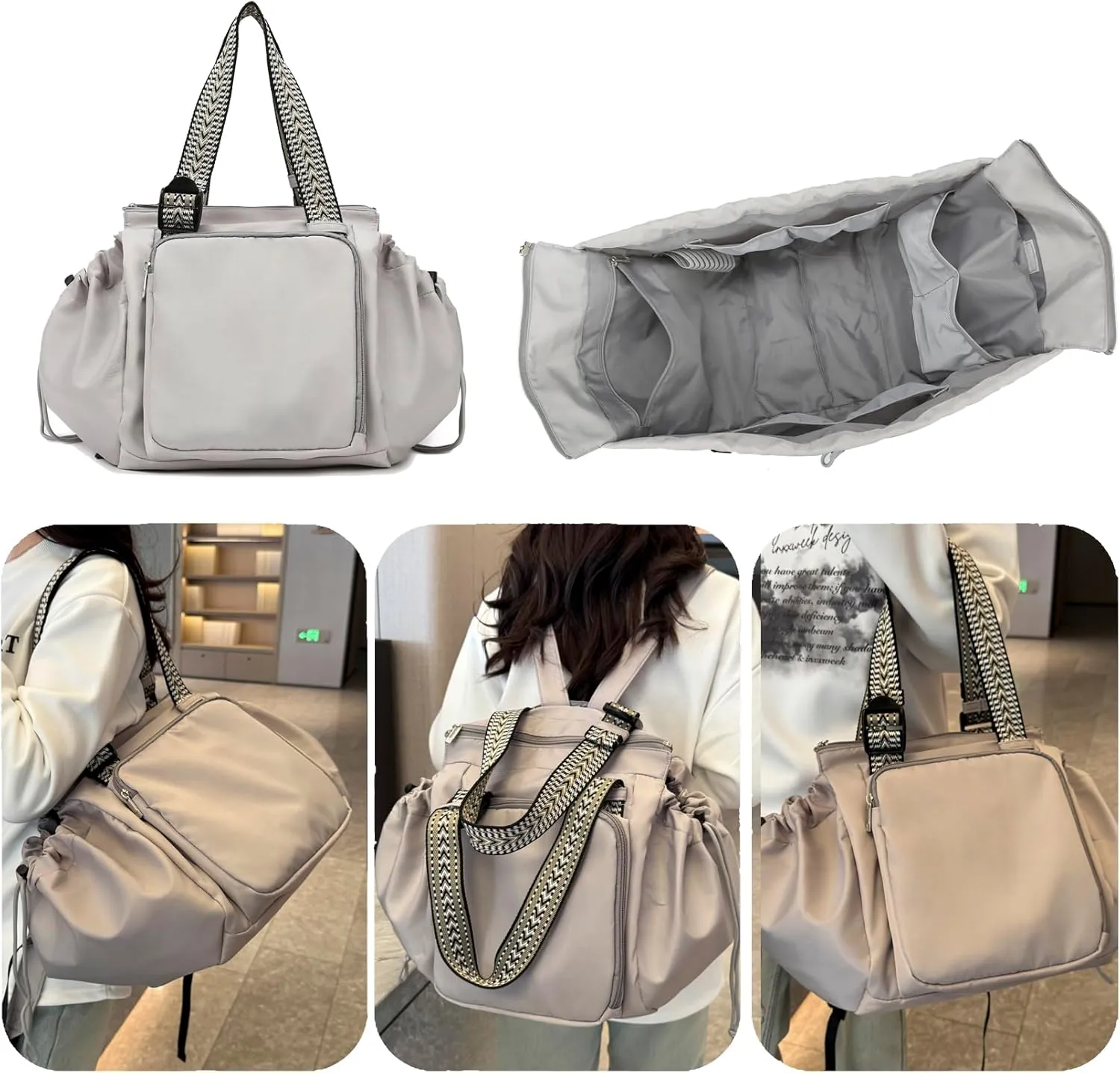 Large Capacity Versatile Travel Bag for Women,Transformable Nylon Cradle Bag,Foldable Waterproof Gym Pack,Expandable Duffel Pack (grey)
