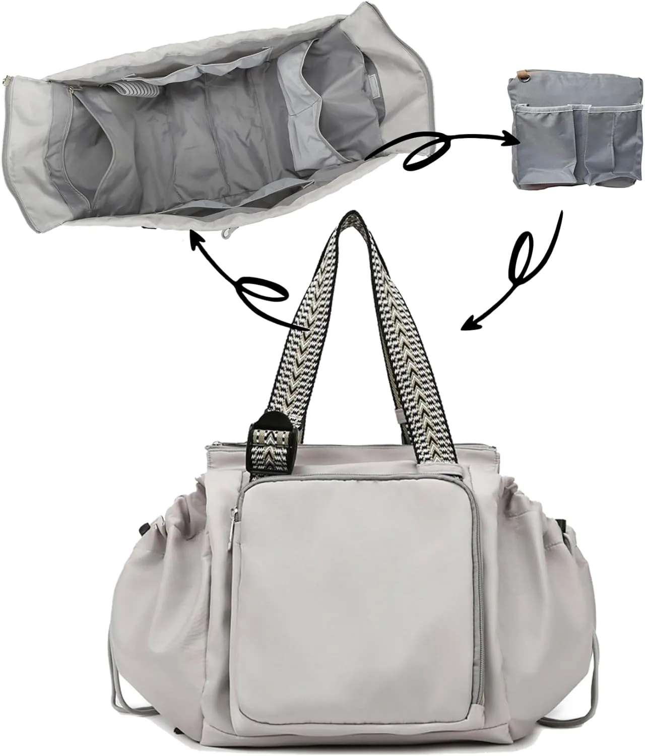 Large Capacity Versatile Travel Bag for Women,Transformable Nylon Cradle Bag,Foldable Waterproof Gym Pack,Expandable Duffel Pack (grey)