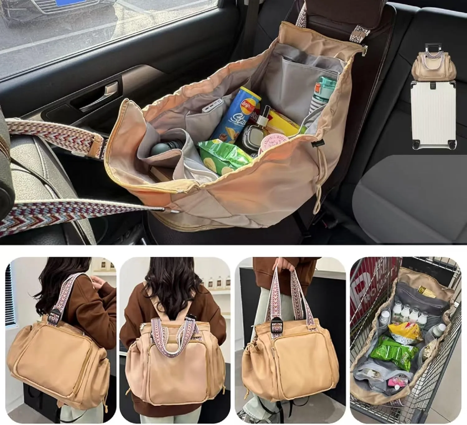 Large Capacity Versatile Travel Bag for Women,Transformable Nylon Cradle Bag,Foldable Waterproof Gym Pack,Expandable Duffel Pack (khaki)