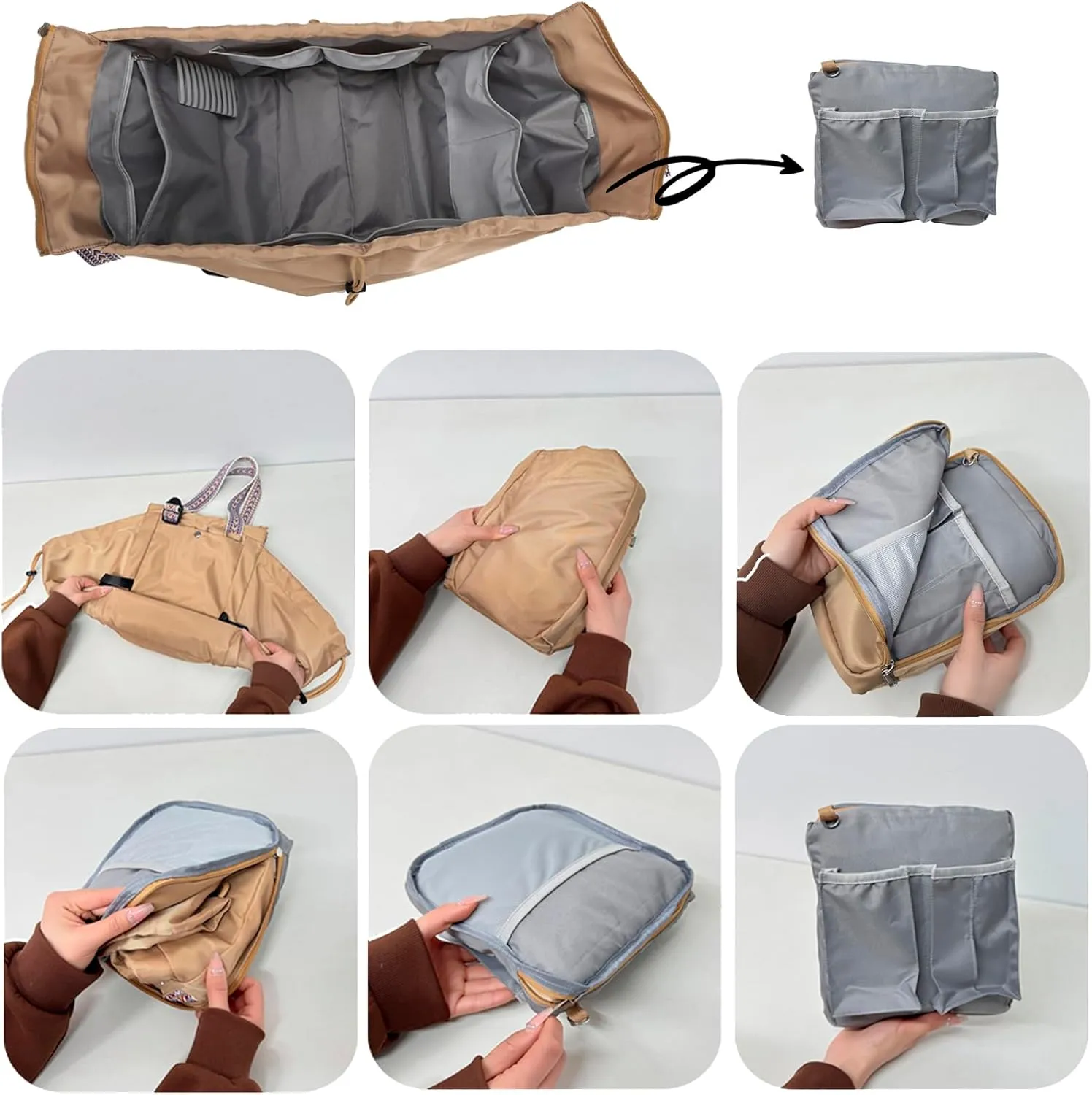 Large Capacity Versatile Travel Bag for Women,Transformable Nylon Cradle Bag,Foldable Waterproof Gym Pack,Expandable Duffel Pack (khaki)