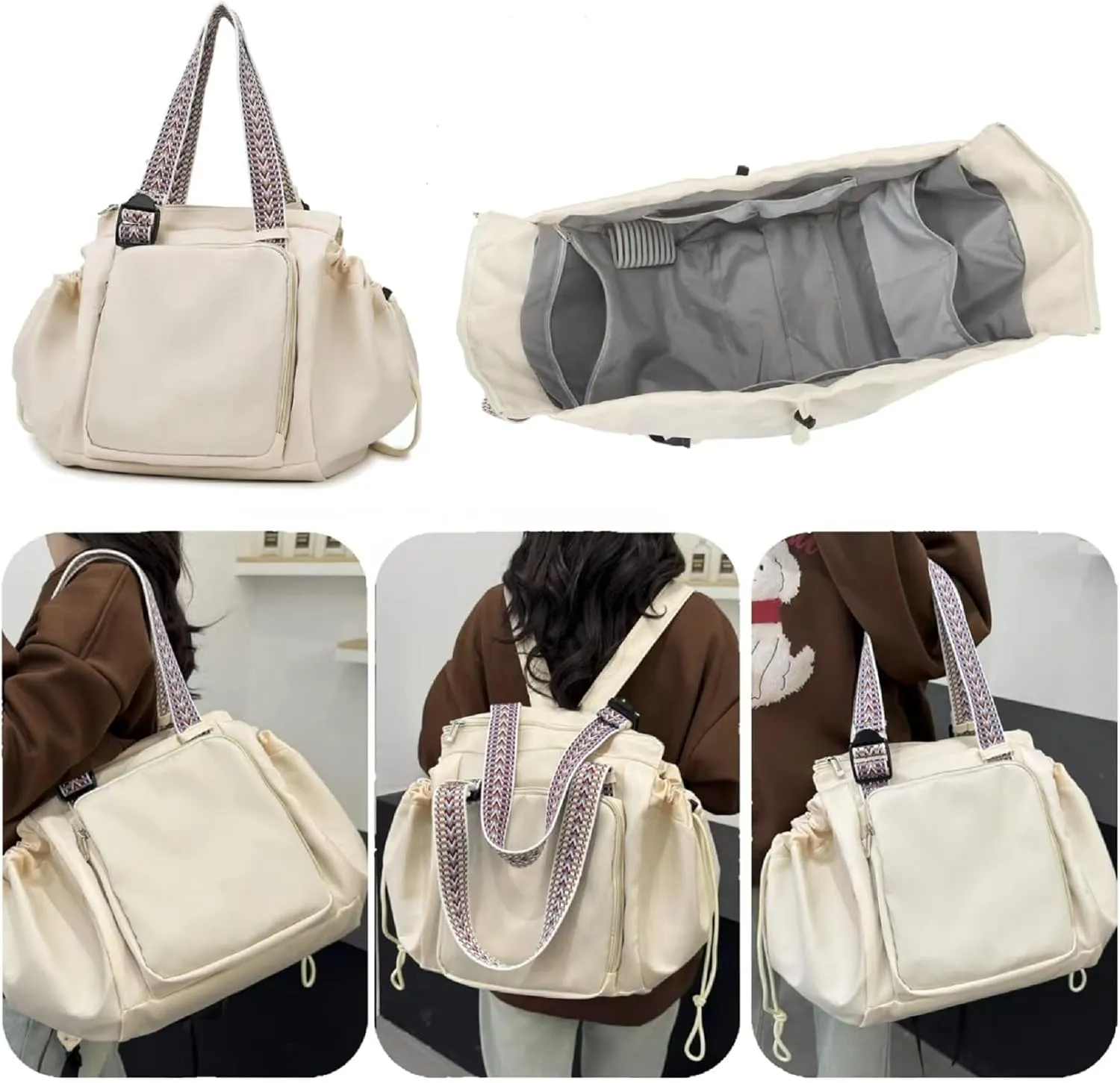 Large Capacity Versatile Travel Bag for Women,Transformable Nylon Cradle Bag,Foldable Waterproof Gym Pack,Expandable Duffel Pack (white)