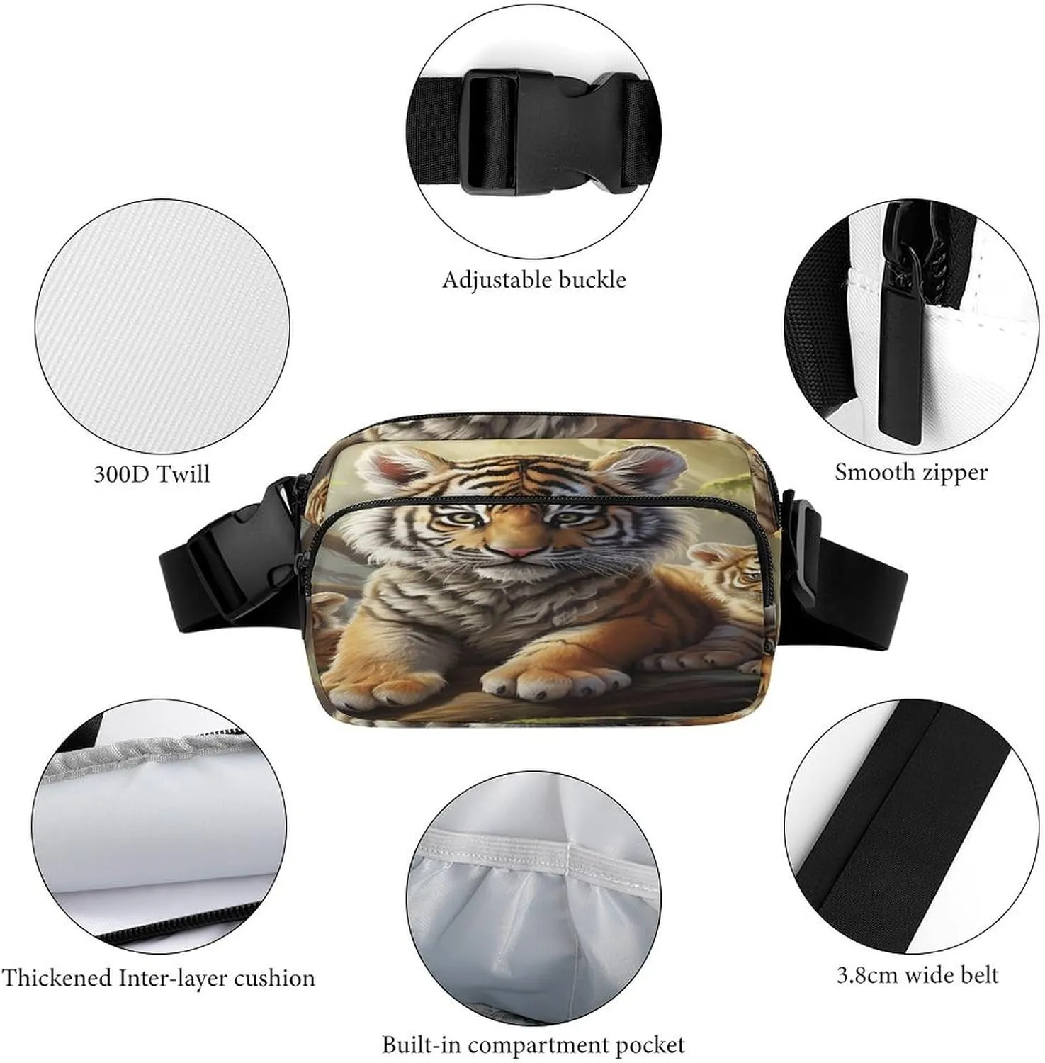 Large Waist Packs with Adjustable Strap,Jungle Tigers Cub CrossBody Fanny Pack Casual Bag for Travel Sports Running Hiking