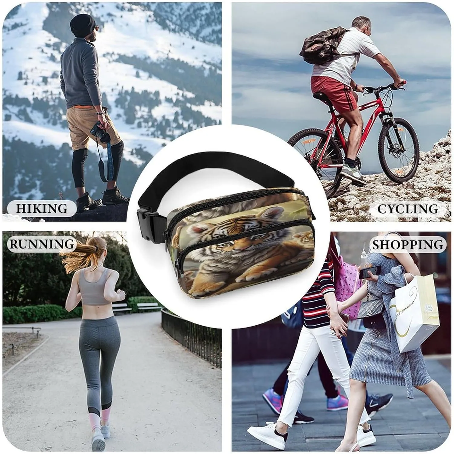 Large Waist Packs with Adjustable Strap,Jungle Tigers Cub CrossBody Fanny Pack Casual Bag for Travel Sports Running Hiking