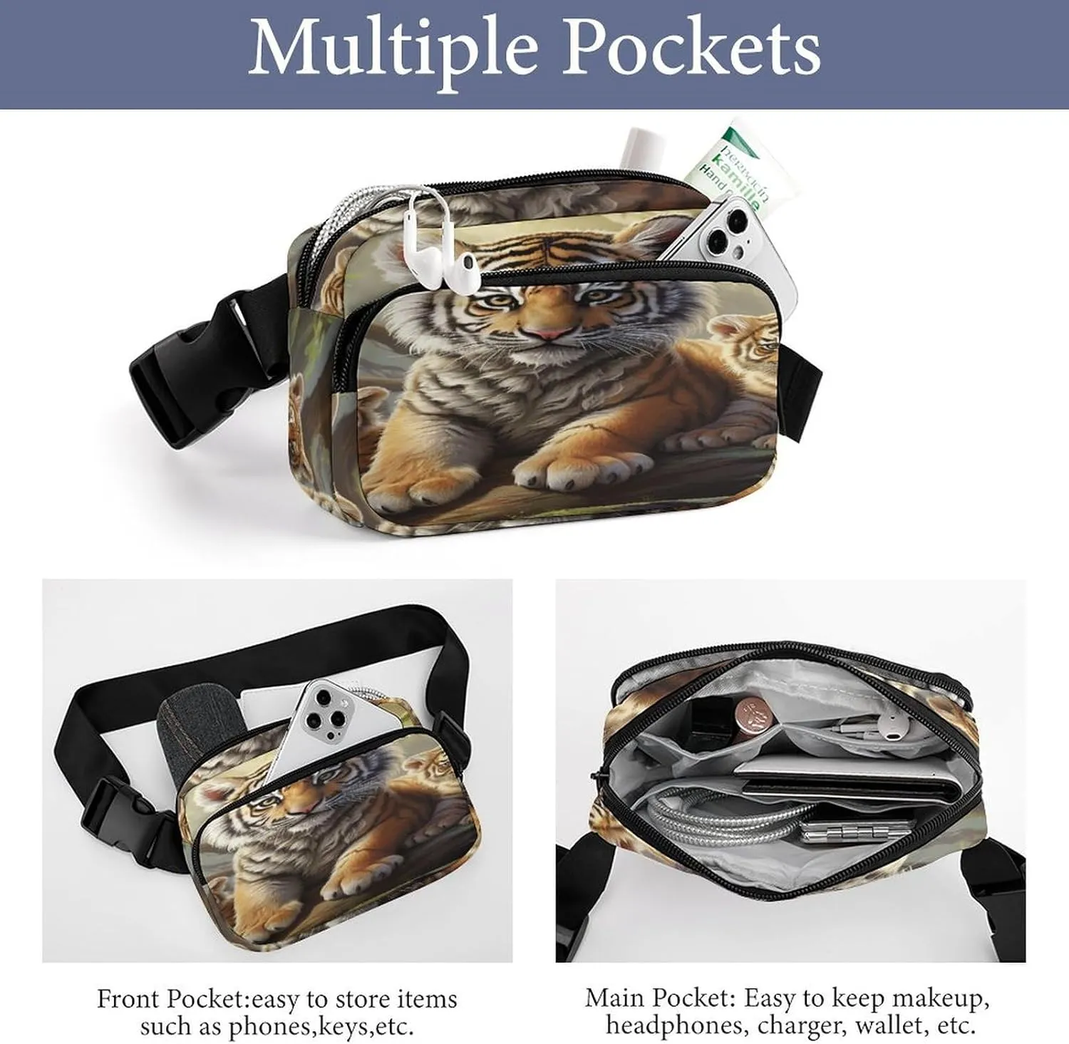 Large Waist Packs with Adjustable Strap,Jungle Tigers Cub CrossBody Fanny Pack Casual Bag for Travel Sports Running Hiking