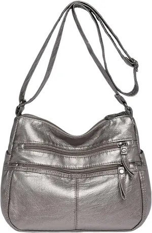 Lightweight 3 Compartment Faux Leather Medium Hobo Bag Hobo, Silver