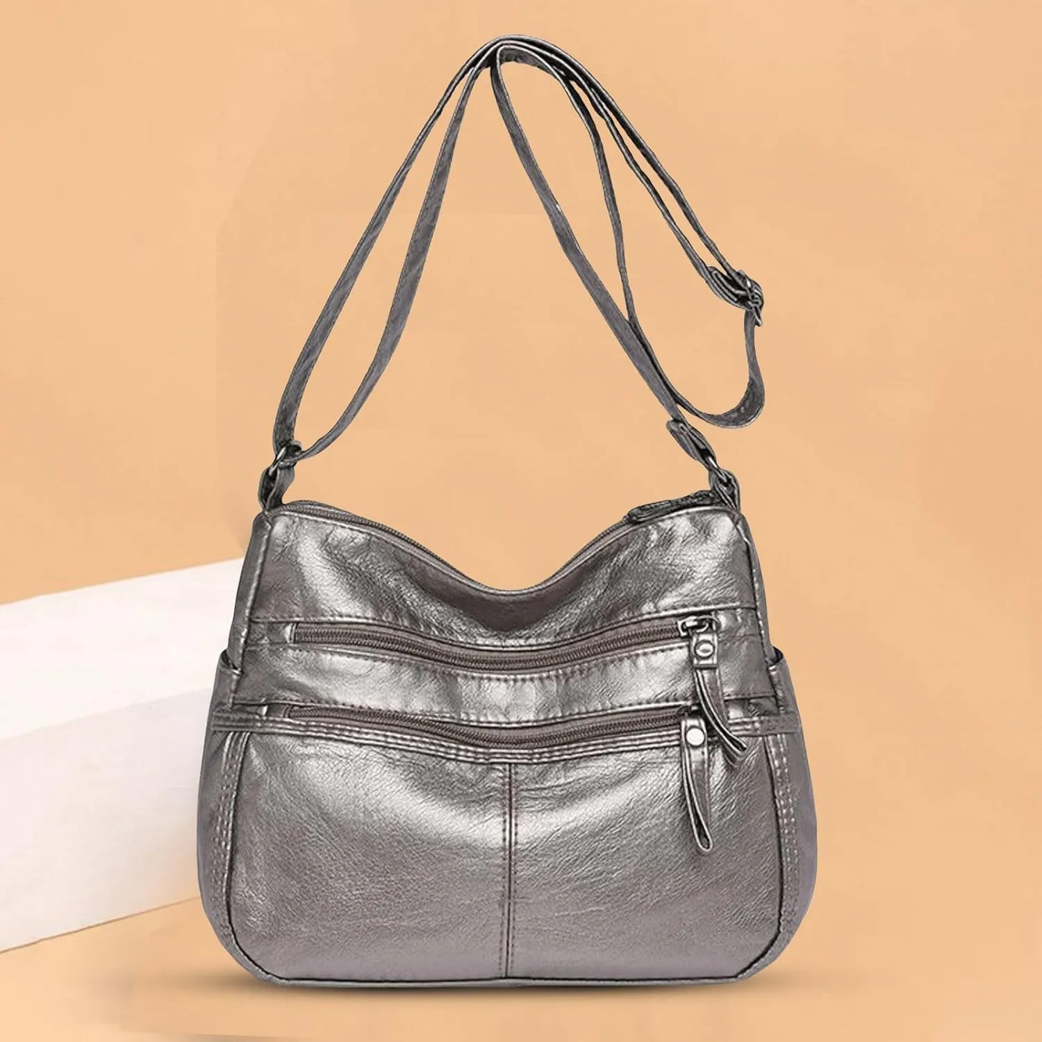 Lightweight 3 Compartment Faux Leather Medium Hobo Bag Hobo, Silver