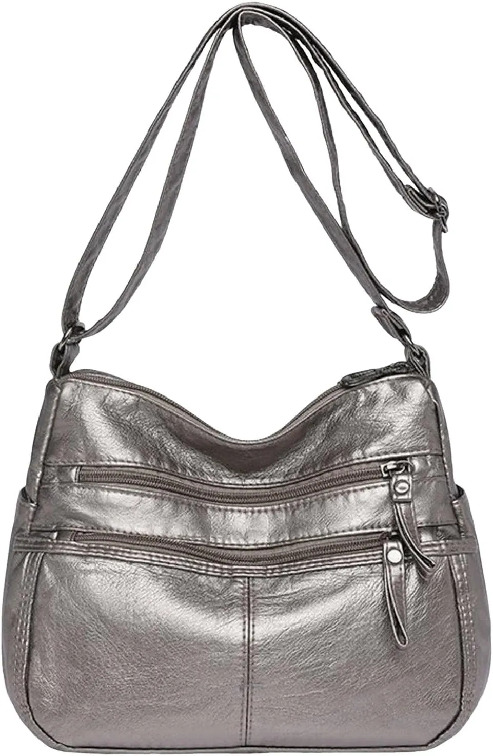 Lightweight 3 Compartment Faux Leather Medium Hobo Bag Hobo, Silver