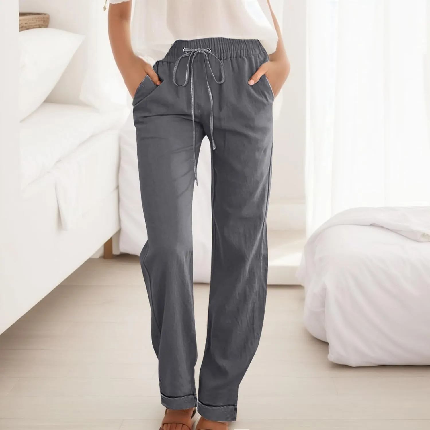 Linen Pants Women Casual Pants Straight Leg Drawstring Elastic High Waist Loose Comfy Trousers with Pockets