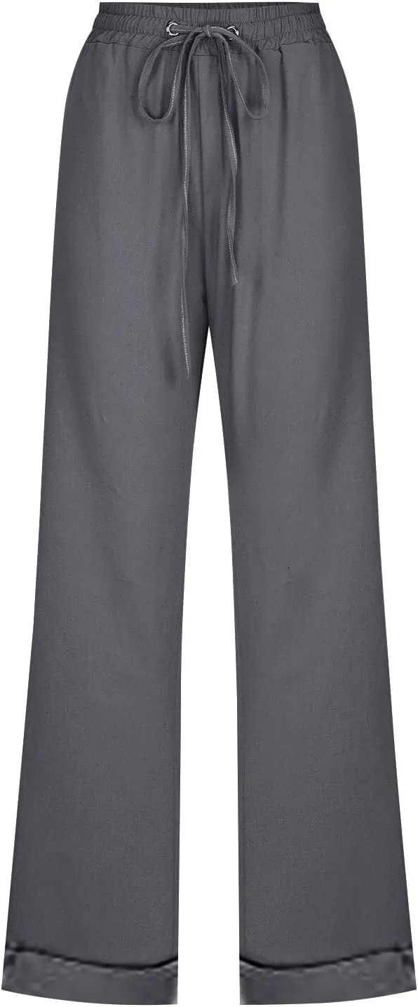 Linen Pants Women Casual Pants Straight Leg Drawstring Elastic High Waist Loose Comfy Trousers with Pockets