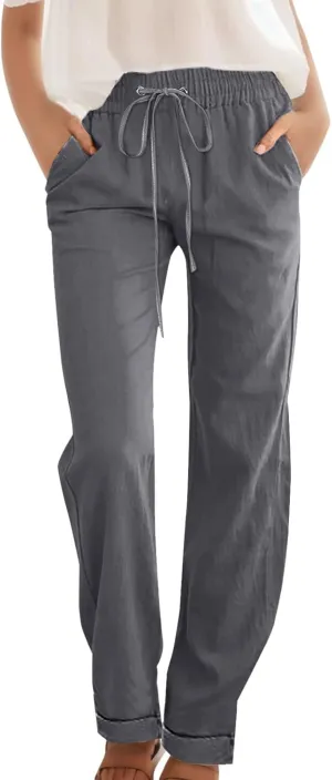 Linen Pants Women Casual Pants Straight Leg Drawstring Elastic High Waist Loose Comfy Trousers with Pockets