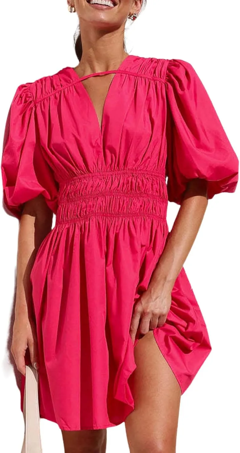 loveimgs Womens Casual Summer V Neck Puff Sleeve Smocked Short Dress High Waist Ruffle Flowy A Line Sundress