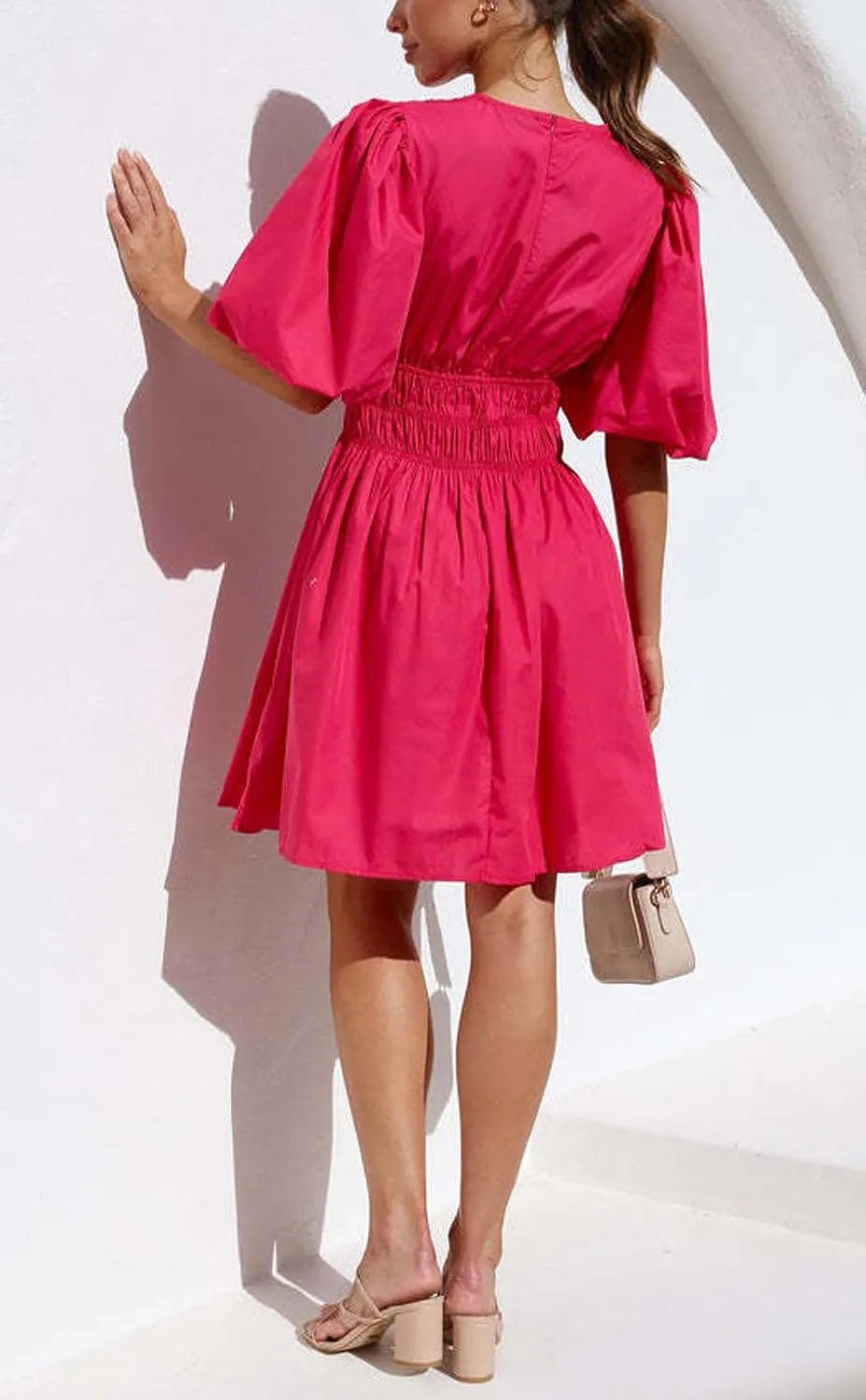 loveimgs Womens Casual Summer V Neck Puff Sleeve Smocked Short Dress High Waist Ruffle Flowy A Line Sundress
