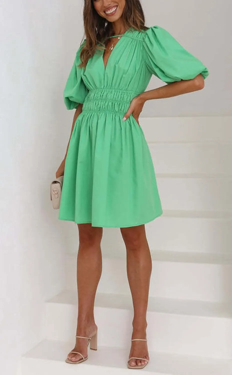 loveimgs Womens Casual Summer V Neck Puff Sleeve Smocked Short Dress High Waist Ruffle Flowy A Line Sundress