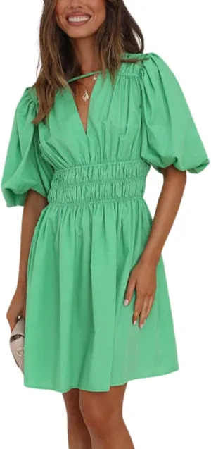 loveimgs Womens Casual Summer V Neck Puff Sleeve Smocked Short Dress High Waist Ruffle Flowy A Line Sundress