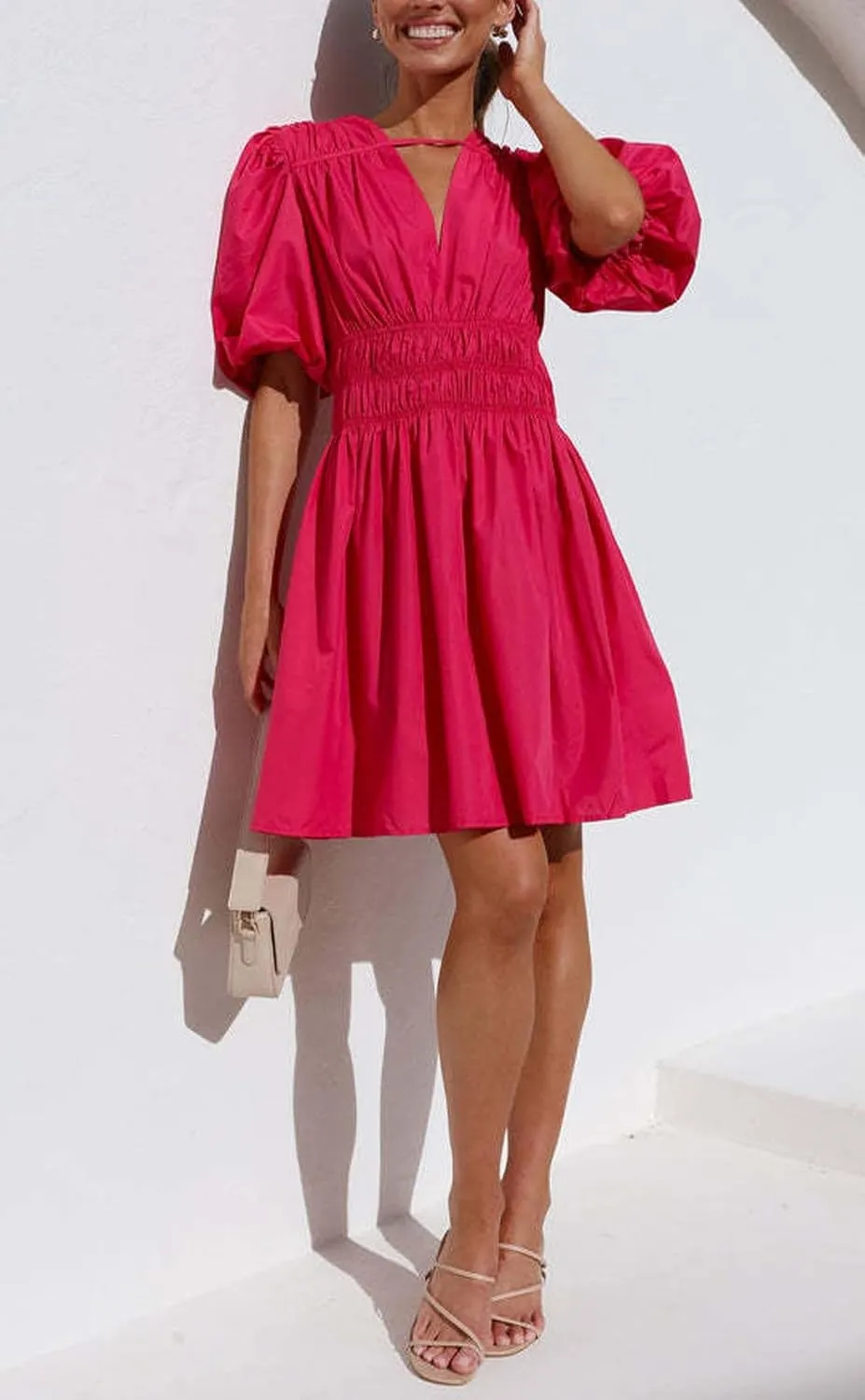 loveimgs Womens Casual Summer V Neck Puff Sleeve Smocked Short Dress High Waist Ruffle Flowy A Line Sundress