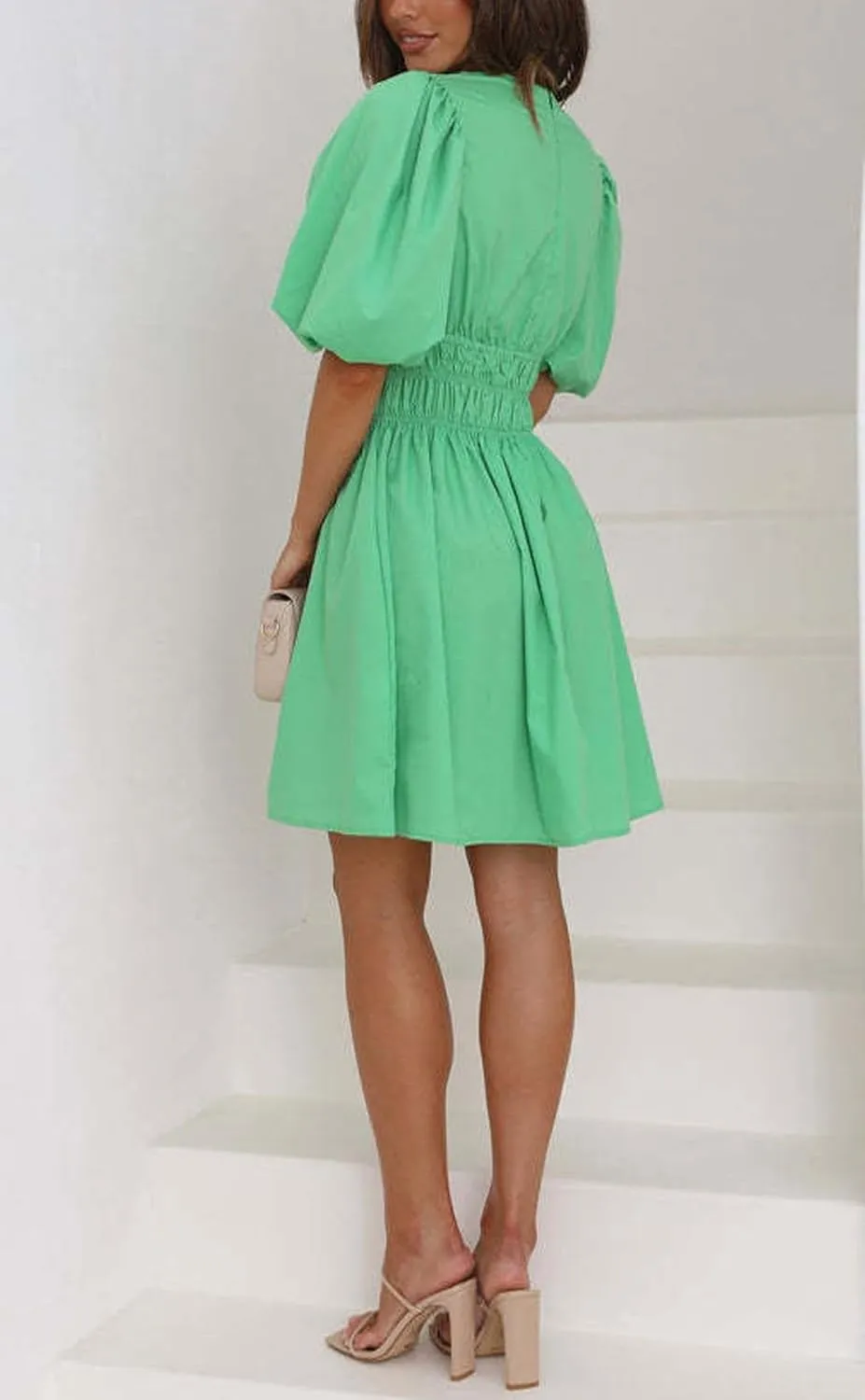 loveimgs Womens Casual Summer V Neck Puff Sleeve Smocked Short Dress High Waist Ruffle Flowy A Line Sundress