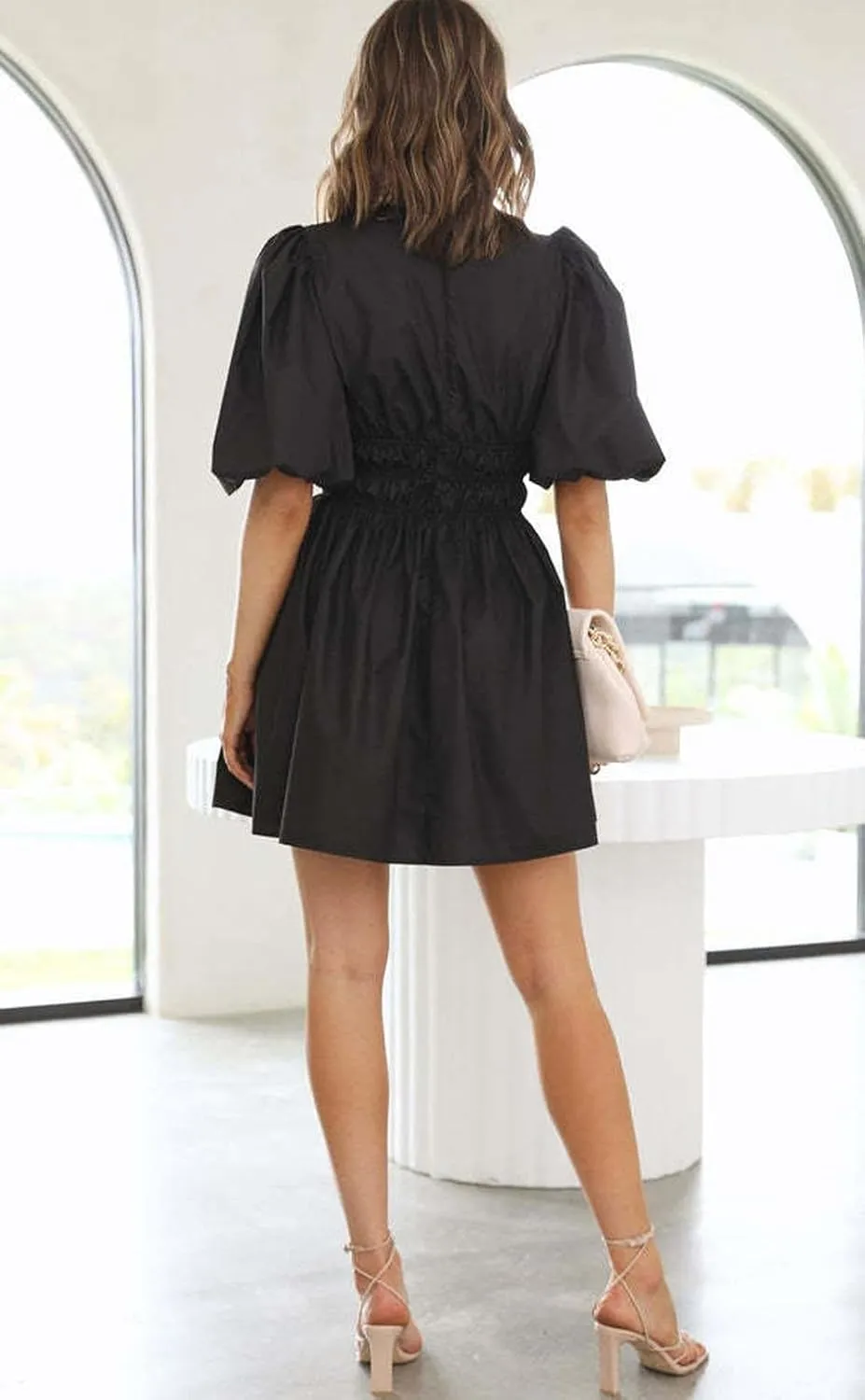 loveimgs Womens Casual Summer V Neck Puff Sleeve Smocked Short Dress High Waist Ruffle Flowy A Line Sundress
