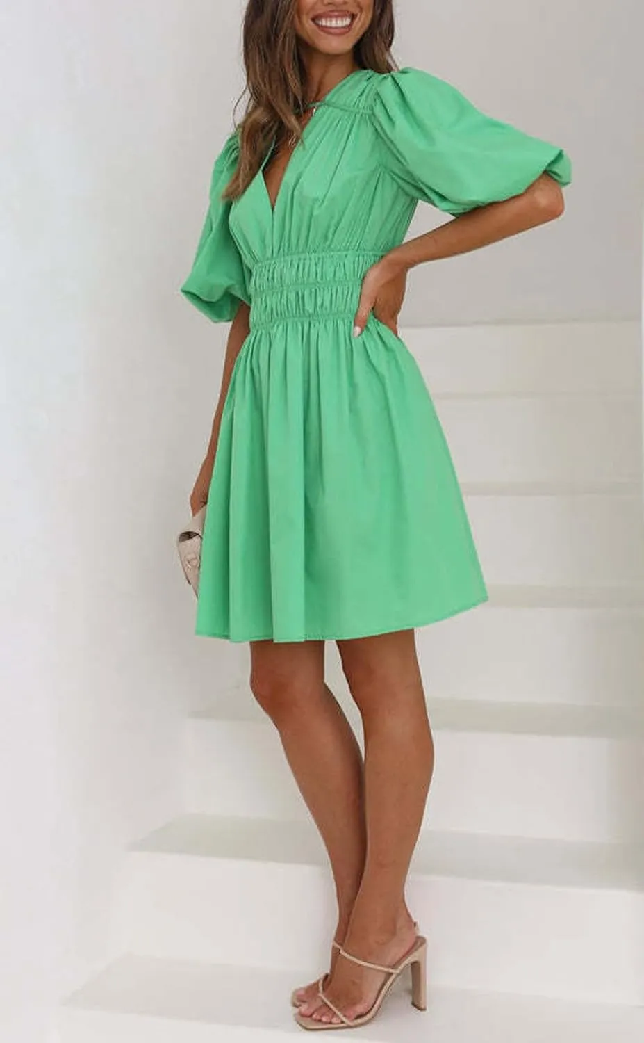 loveimgs Womens Casual Summer V Neck Puff Sleeve Smocked Short Dress High Waist Ruffle Flowy A Line Sundress