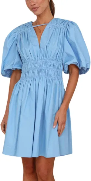 loveimgs Womens Casual Summer V Neck Puff Sleeve Smocked Short Dress High Waist Ruffle Flowy A Line Sundress
