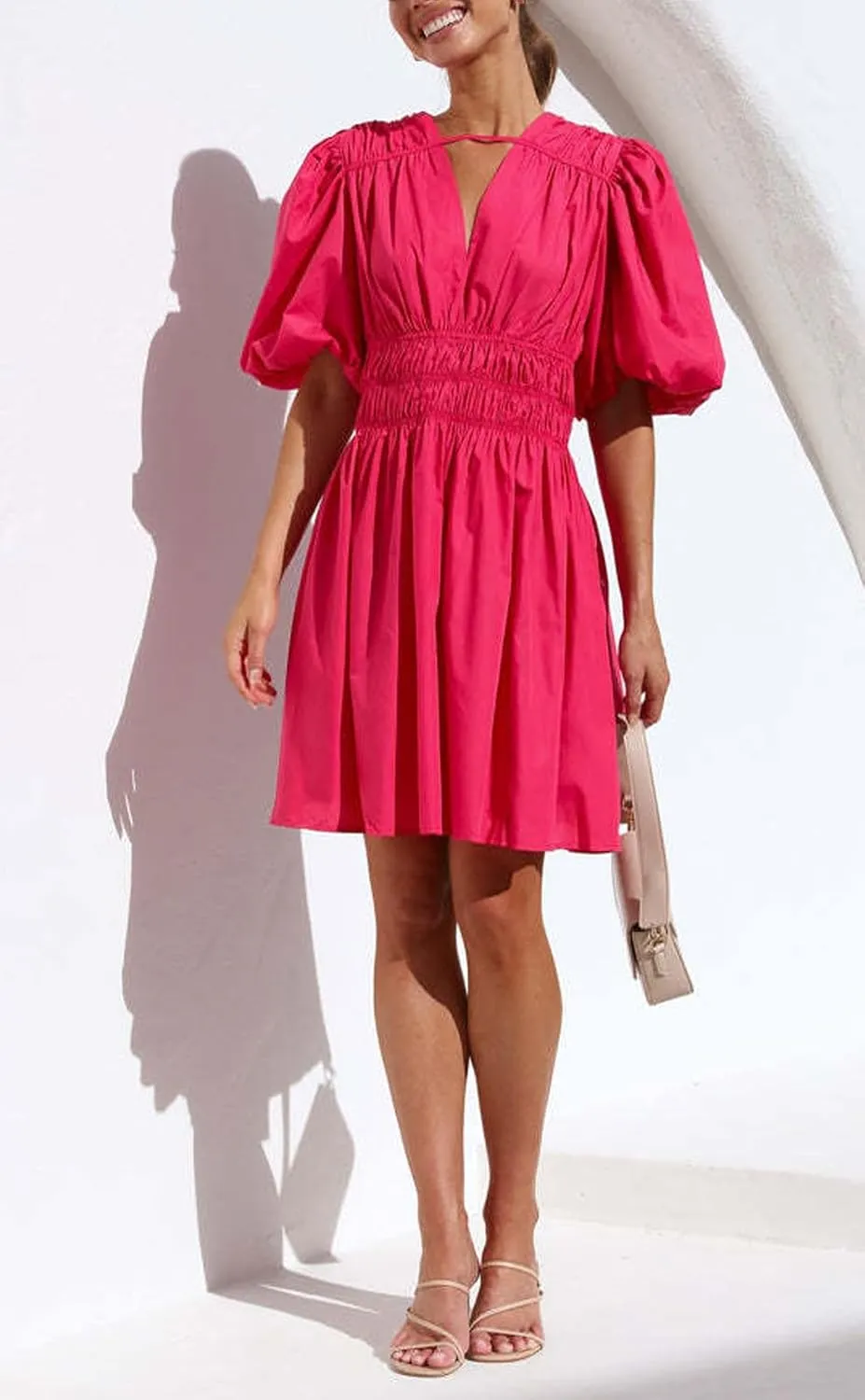 loveimgs Womens Casual Summer V Neck Puff Sleeve Smocked Short Dress High Waist Ruffle Flowy A Line Sundress