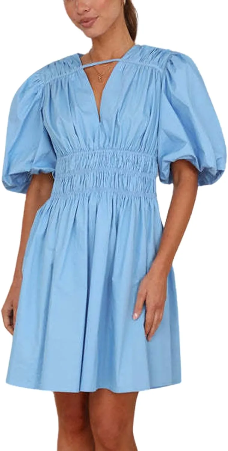 loveimgs Womens Casual Summer V Neck Puff Sleeve Smocked Short Dress High Waist Ruffle Flowy A Line Sundress