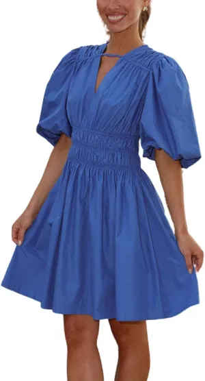 loveimgs Womens Casual Summer V Neck Puff Sleeve Smocked Short Dress High Waist Ruffle Flowy A Line Sundress
