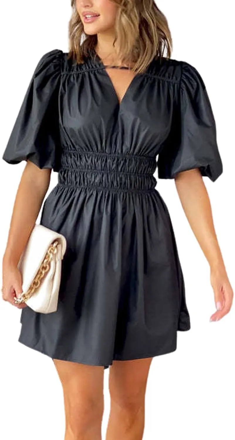 loveimgs Womens Casual Summer V Neck Puff Sleeve Smocked Short Dress High Waist Ruffle Flowy A Line Sundress