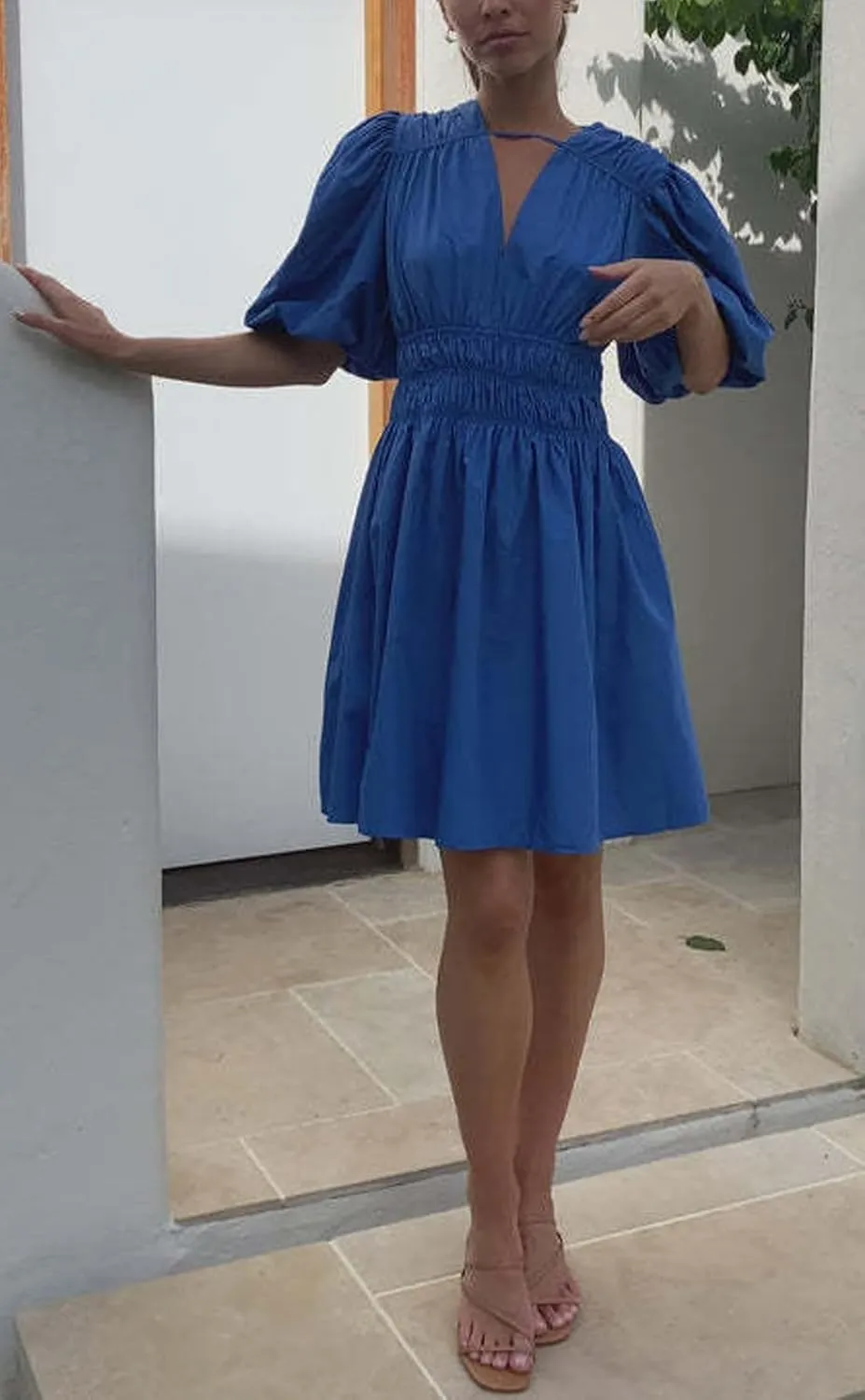 loveimgs Womens Casual Summer V Neck Puff Sleeve Smocked Short Dress High Waist Ruffle Flowy A Line Sundress
