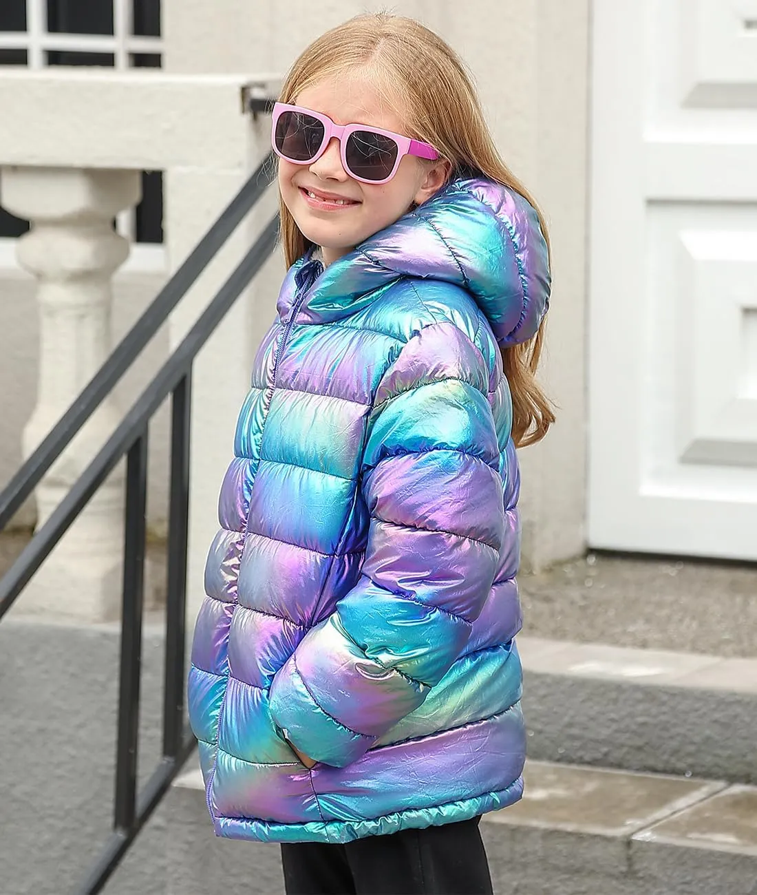 Lovekider 4-12 Years Girls Metallic Shine Hooded Puffer Jacket Packable Warmth Padded Winter Coat