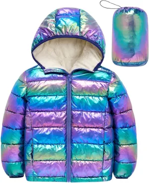 Lovekider 4-12 Years Girls Metallic Shine Hooded Puffer Jacket Packable Warmth Padded Winter Coat