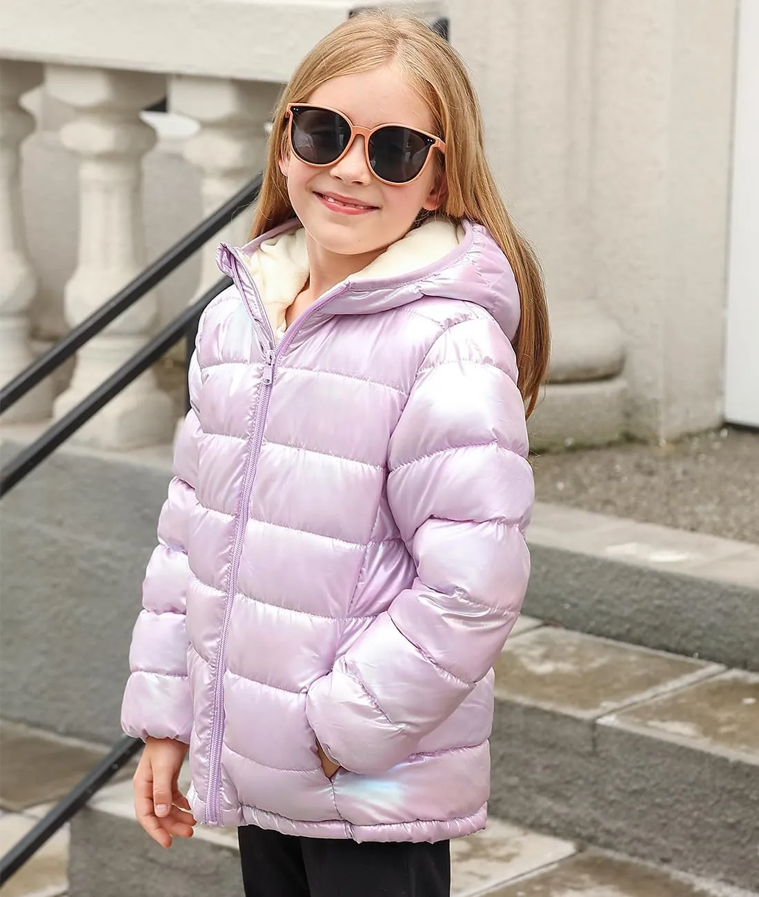 Lovekider 4-12 Years Girls Metallic Shine Hooded Puffer Jacket Packable Warmth Padded Winter Coat