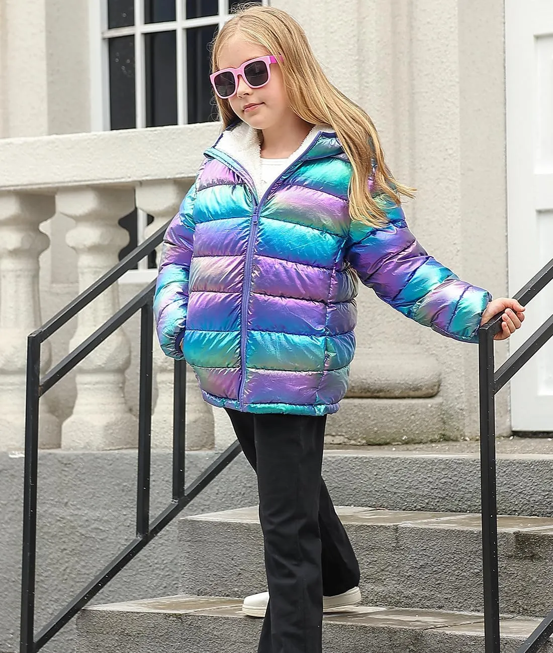 Lovekider 4-12 Years Girls Metallic Shine Hooded Puffer Jacket Packable Warmth Padded Winter Coat