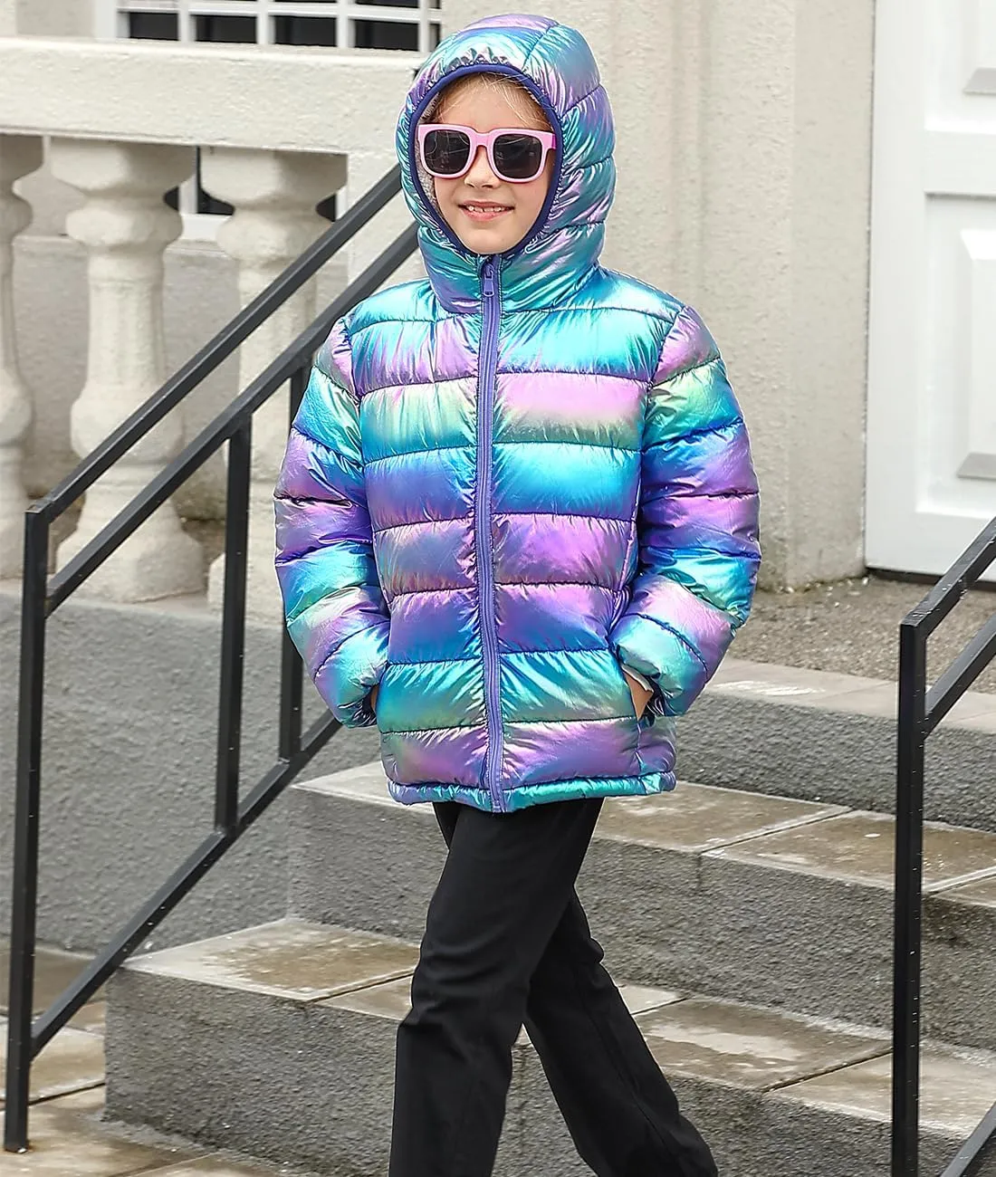 Lovekider 4-12 Years Girls Metallic Shine Hooded Puffer Jacket Packable Warmth Padded Winter Coat