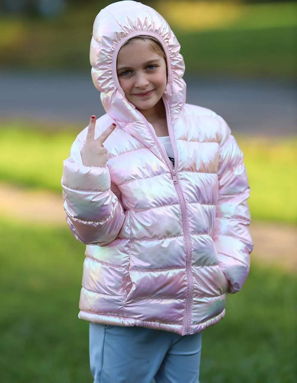 Lovekider 4-12 Years Girls Metallic Shine Hooded Puffer Jacket Packable Warmth Padded Winter Coat